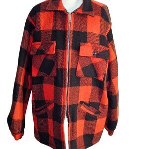 Vintage 70s Montgomery Ward Jacket Mens Size XL Red Buffalo Plaid Wool Hunting